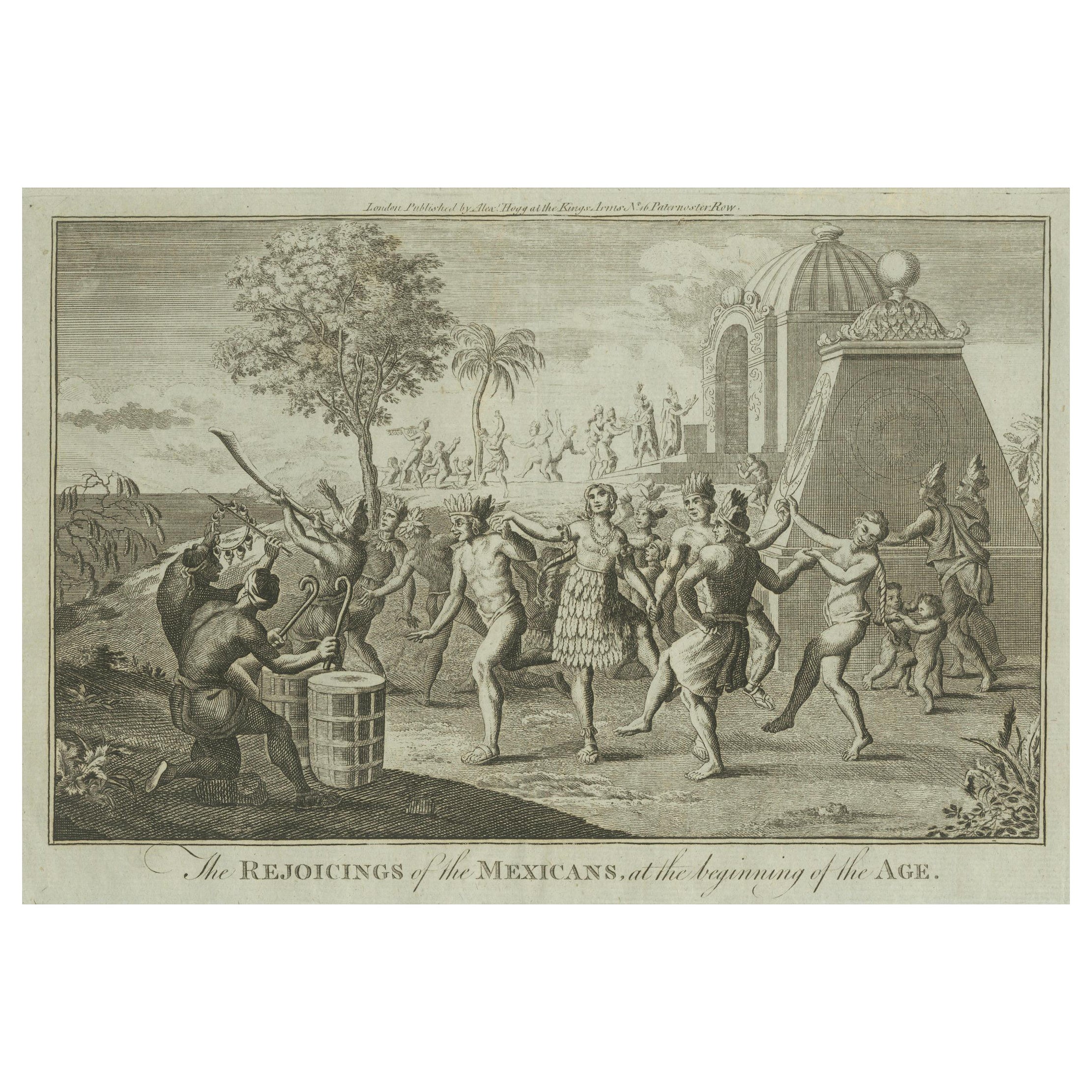 Old Engraving of Mexican Festivities and Rituals in the Age of Discovery, 1794
