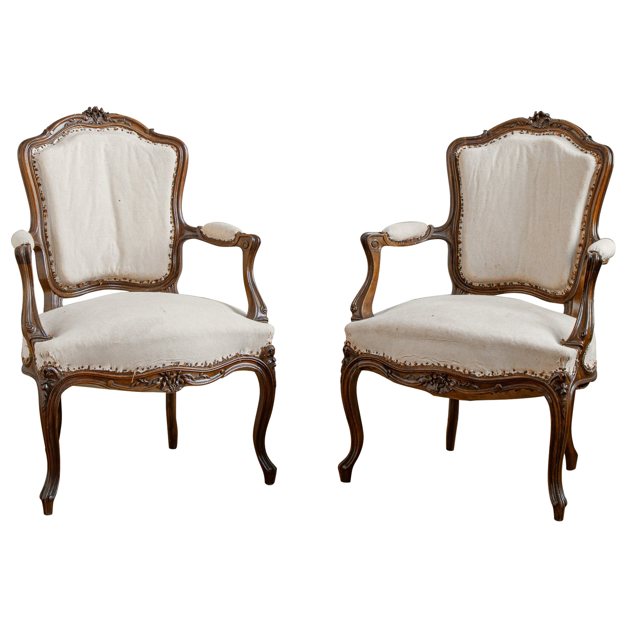 Pair of Early 1900's French Walnut Louis XV Style Armchairs For Sale