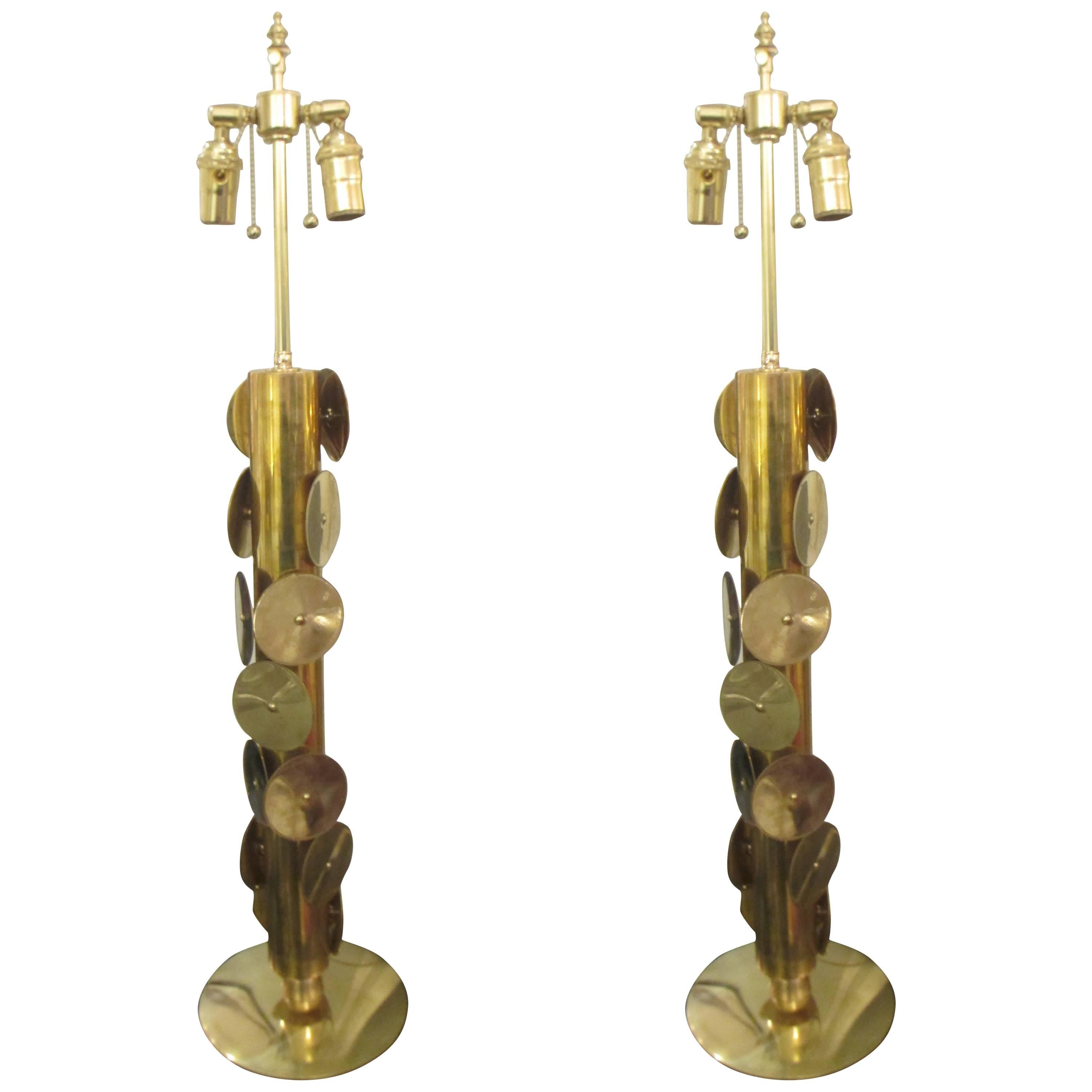 Pair of custom brass lamps with circular brass discs.
Lead time for custom made is 8-10 weeks.