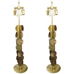 Unusual Pair of Brass Lamps with Applied Circular Brass Discs 1