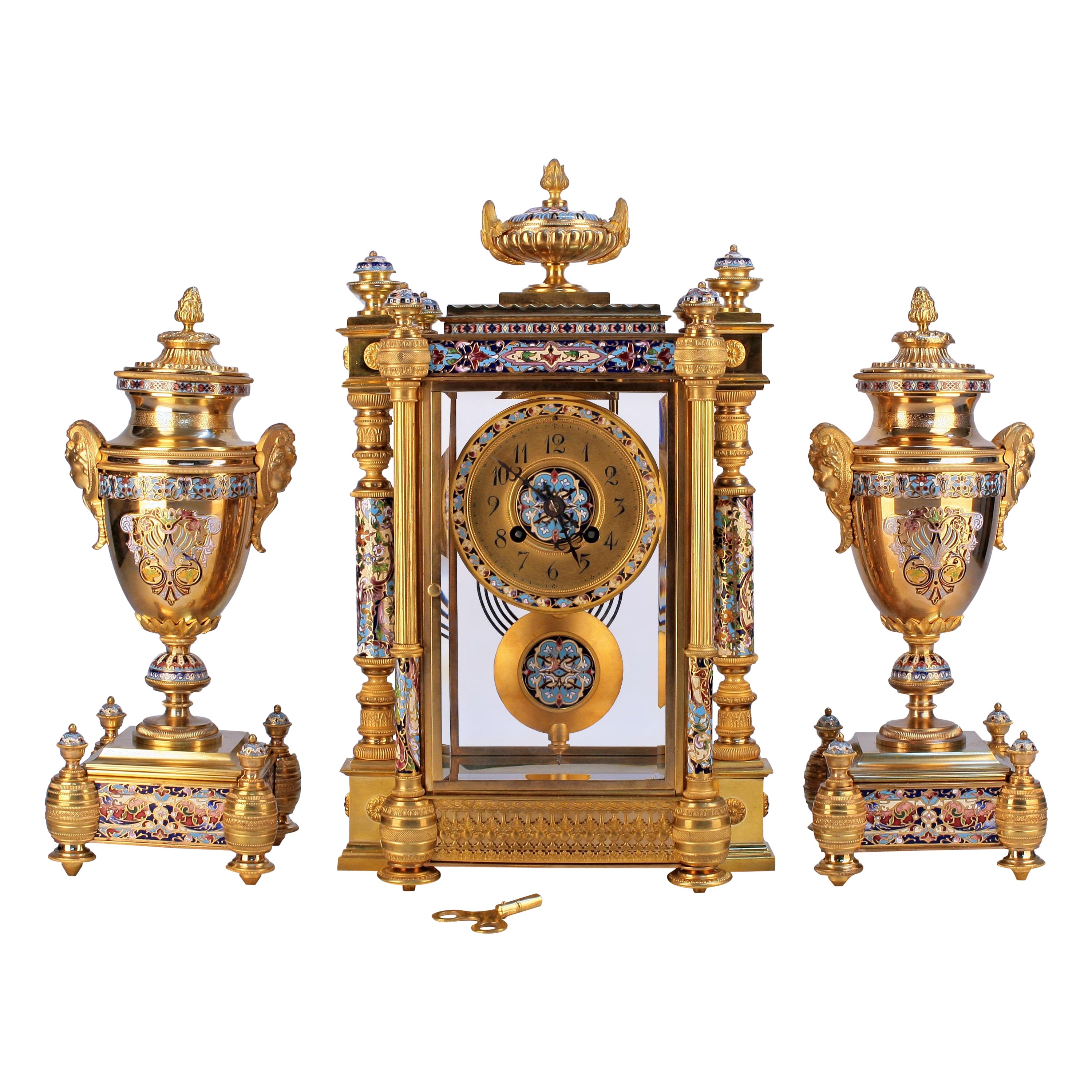 Late 19th C. French Ormolu Champlevé Enameled Clock Garniture Set by Japy Frères For Sale