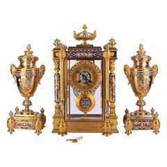 Late 19th C. French Ormolu Champlevé Enameled Clock Garniture Set by Japy Frères