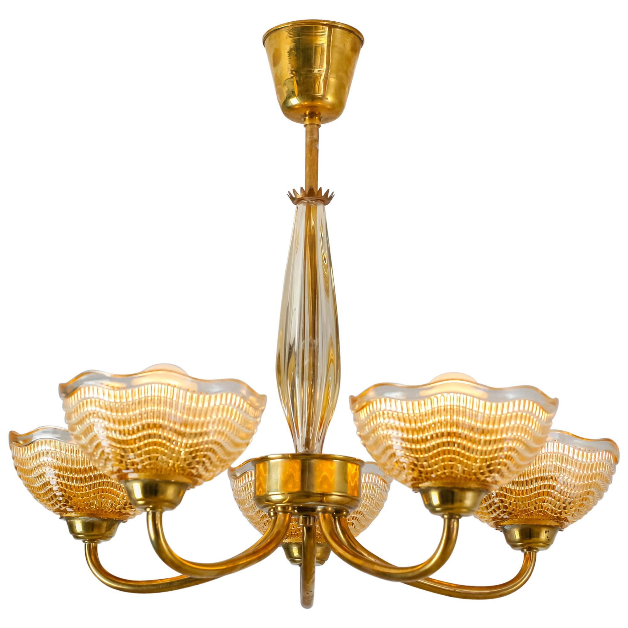 Orrefors Brass and Yellow Glass Five-Arm Chandelier, Sweden, 1940s For Sale