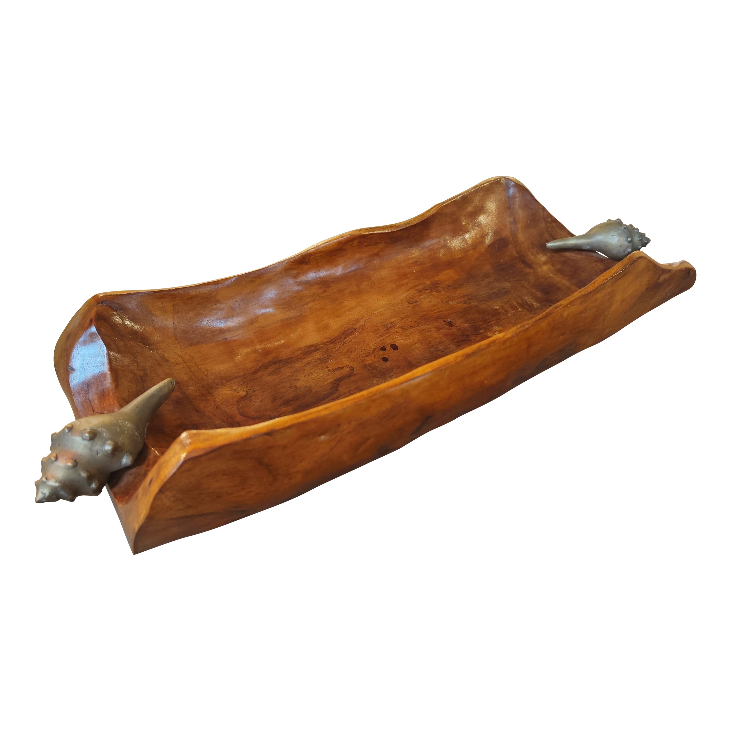 Varnished Wooden Fruit Bowl with Bronze Conch-shaped Handles 
