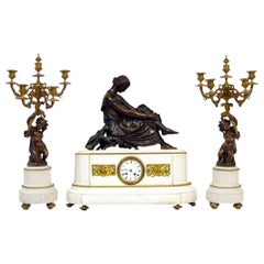 Antique French White Marble Bronze Clock Set Candelabras, Pradier, circa 1870