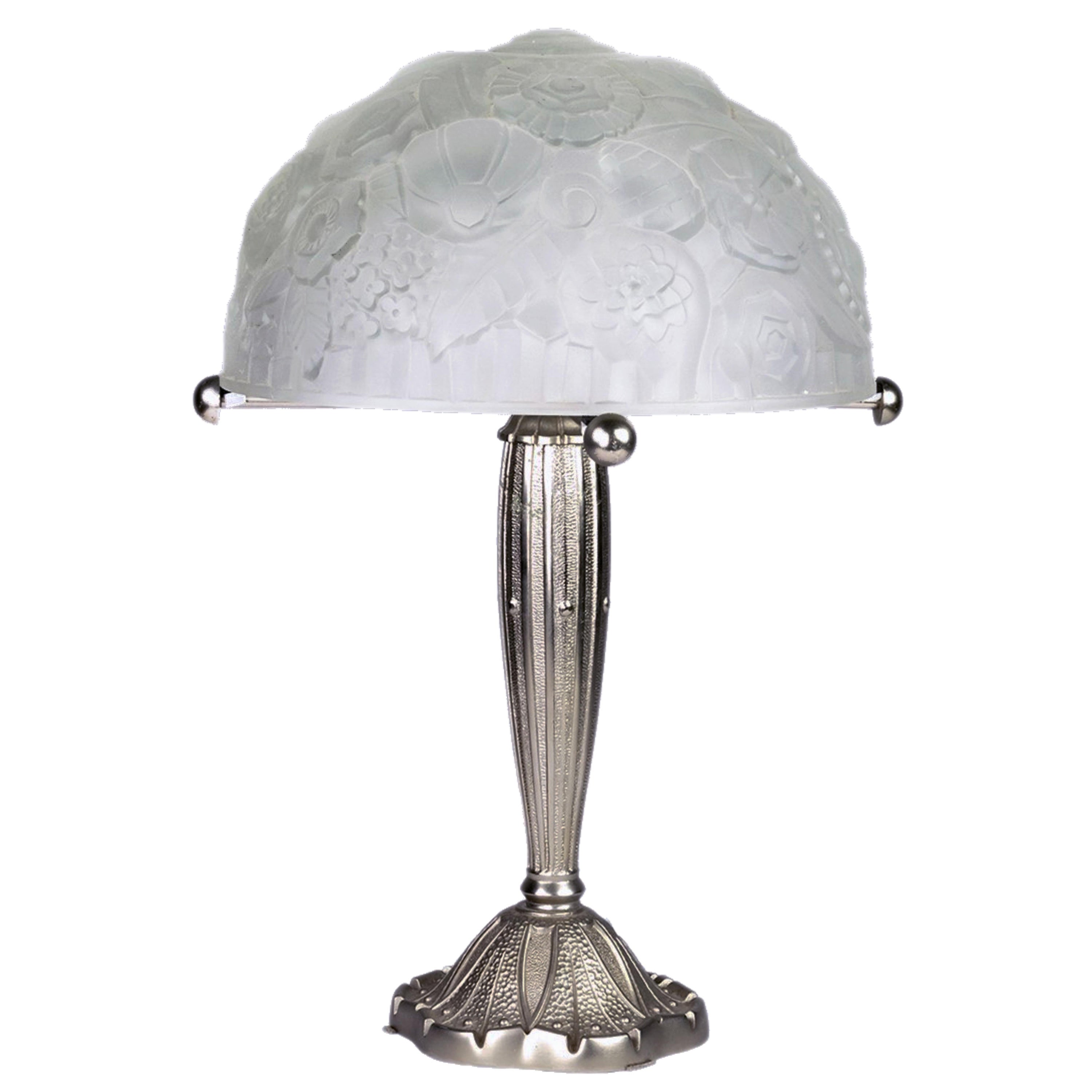 Lalique, Styled Art Deco Nickled Table Lamp, 1920s For Sale