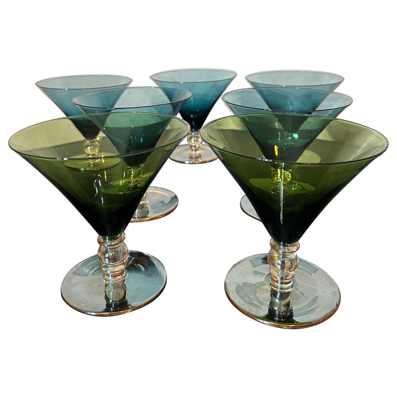 Set of Seven Blue and Green Vintage Cocktail Glasses, 1970s For Sale