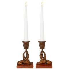 Pair Of French 19th Century Renaissance St. Bronze & Marble Sphinx Candlesticks