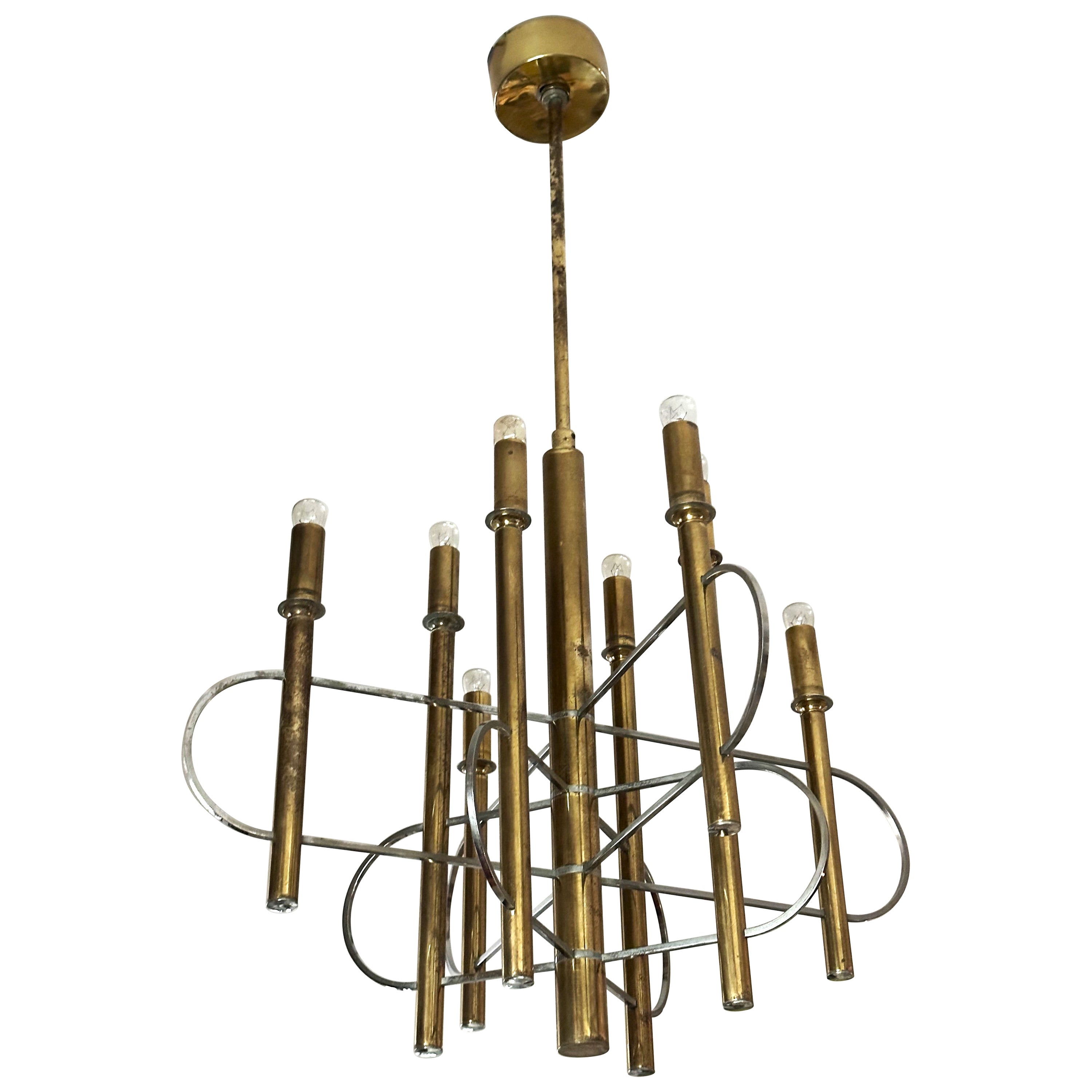Mid-Century Chandelier signed Sciolari, Brass and Chrome, Italy 1960 For Sale