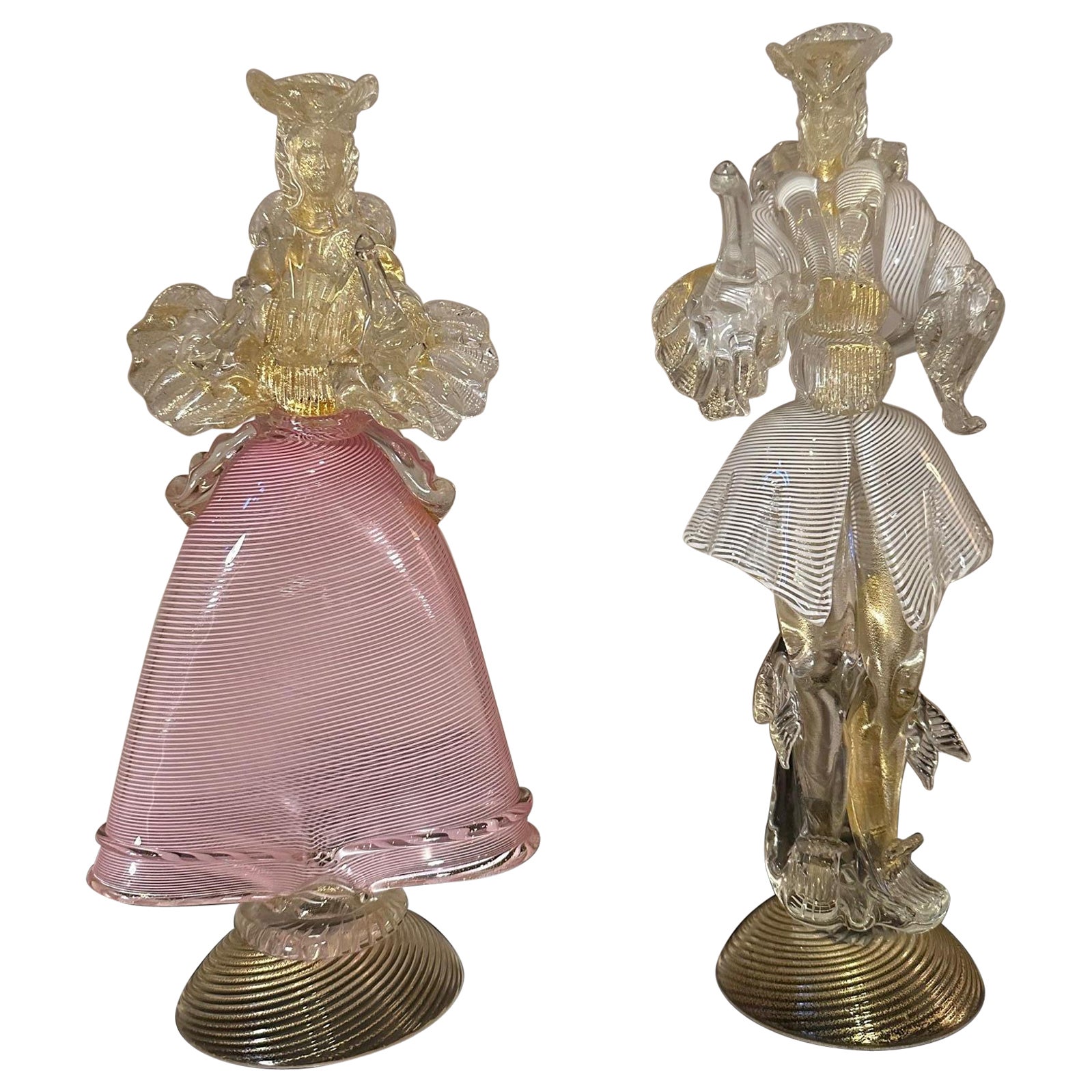 Paire de personnages vénitiens en verre de Murano du 20e siècle, années 1950