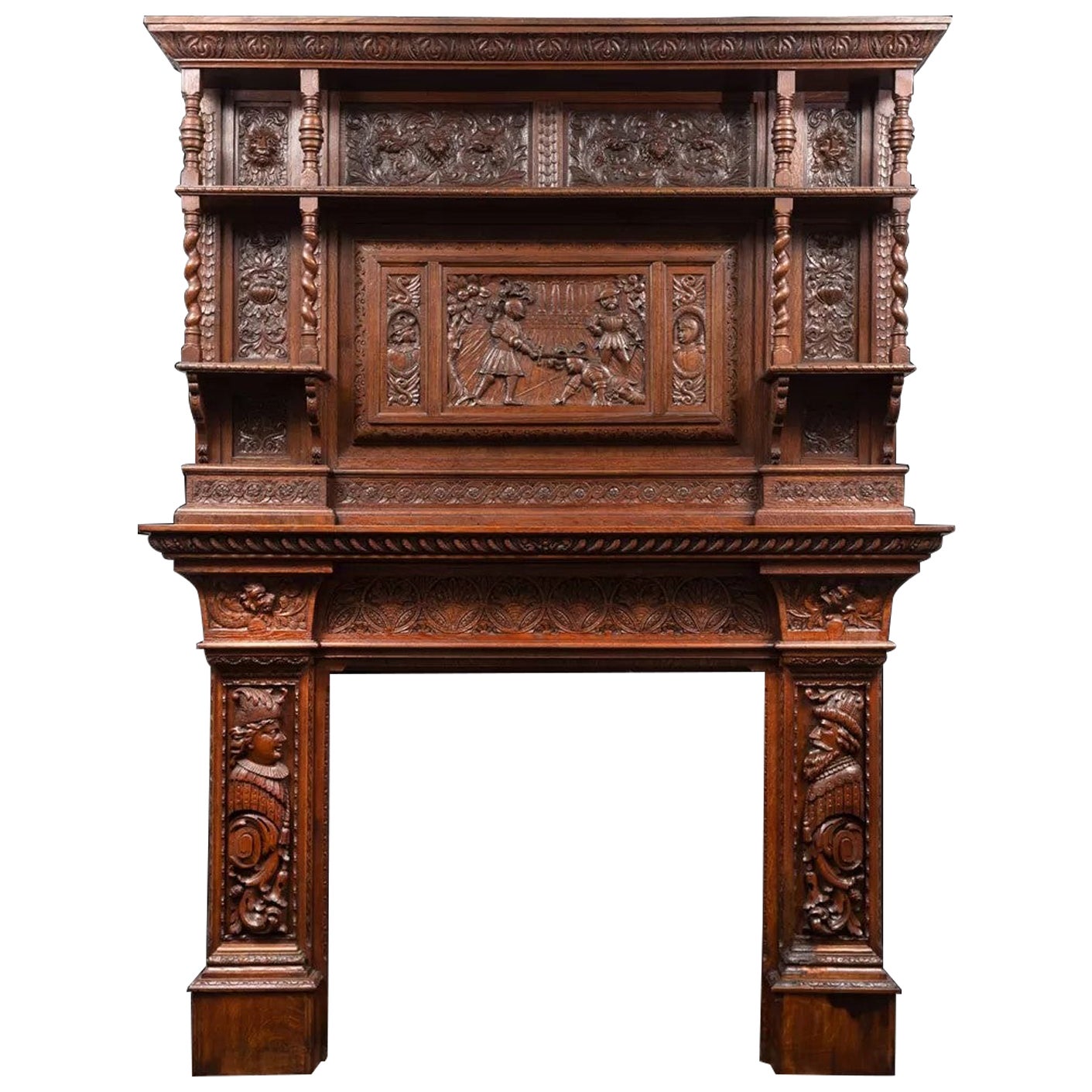 An antique oak fireplace surround, made in the Jacobean style.