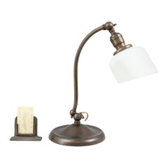 Antique Brass Desk/Banker's Lamp w/ Double Adjustment and Art Glass Shade, ca. 1910