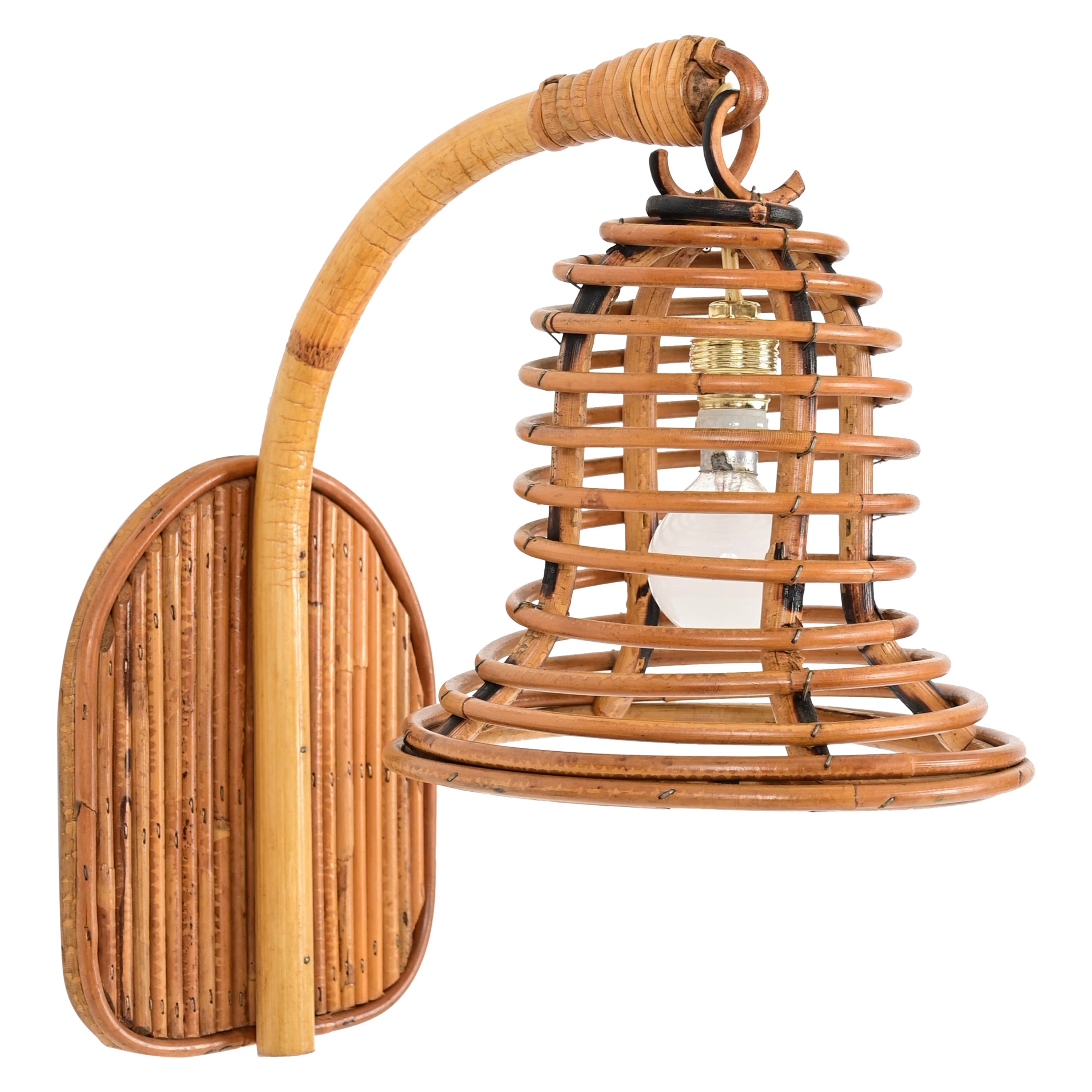 French Riviera Bell-Shaped Rattan and Wicker Sconce, Louis Sognot, France 1960s