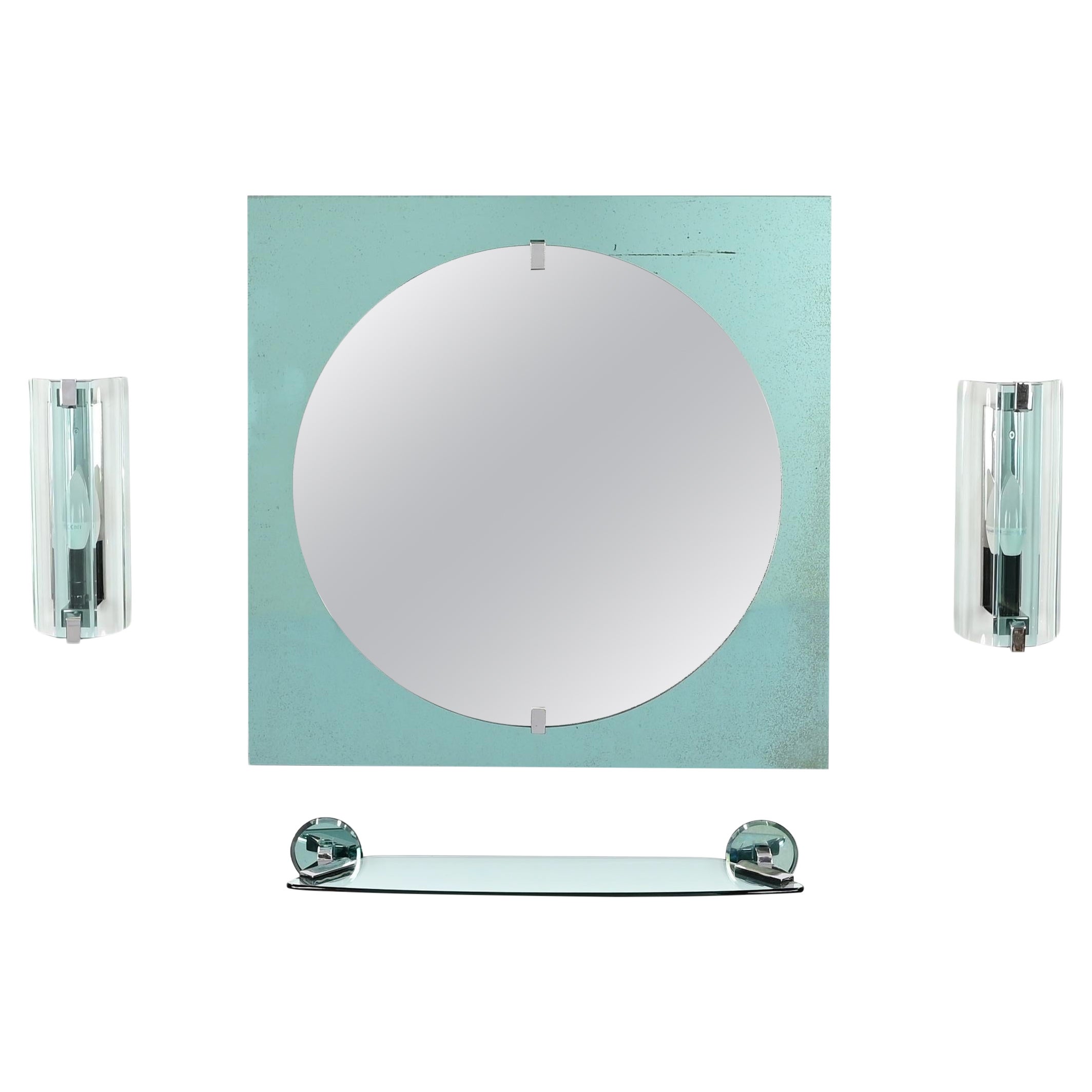 Tiffany Blue Italian Bathroom Vanity Set Mirror, Sconces, Shelf by VECA, 1970s