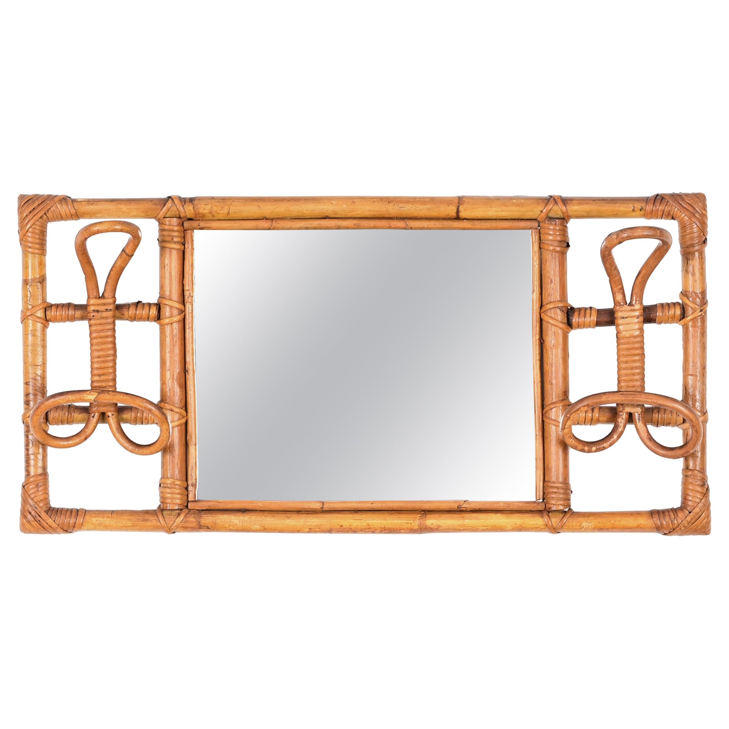 French Riviera Rectangular Mirror with Coat Hooks in Rattan, Wicker, Italy 1960s
