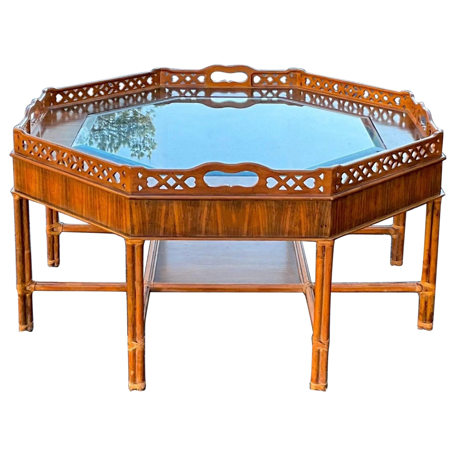 Maitland-Smith Chippendale Style Coffee Table With Fretwork And Rattan Base 