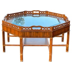 Retro Maitland-Smith Chippendale Style Coffee Table With Fretwork And Rattan Base 
