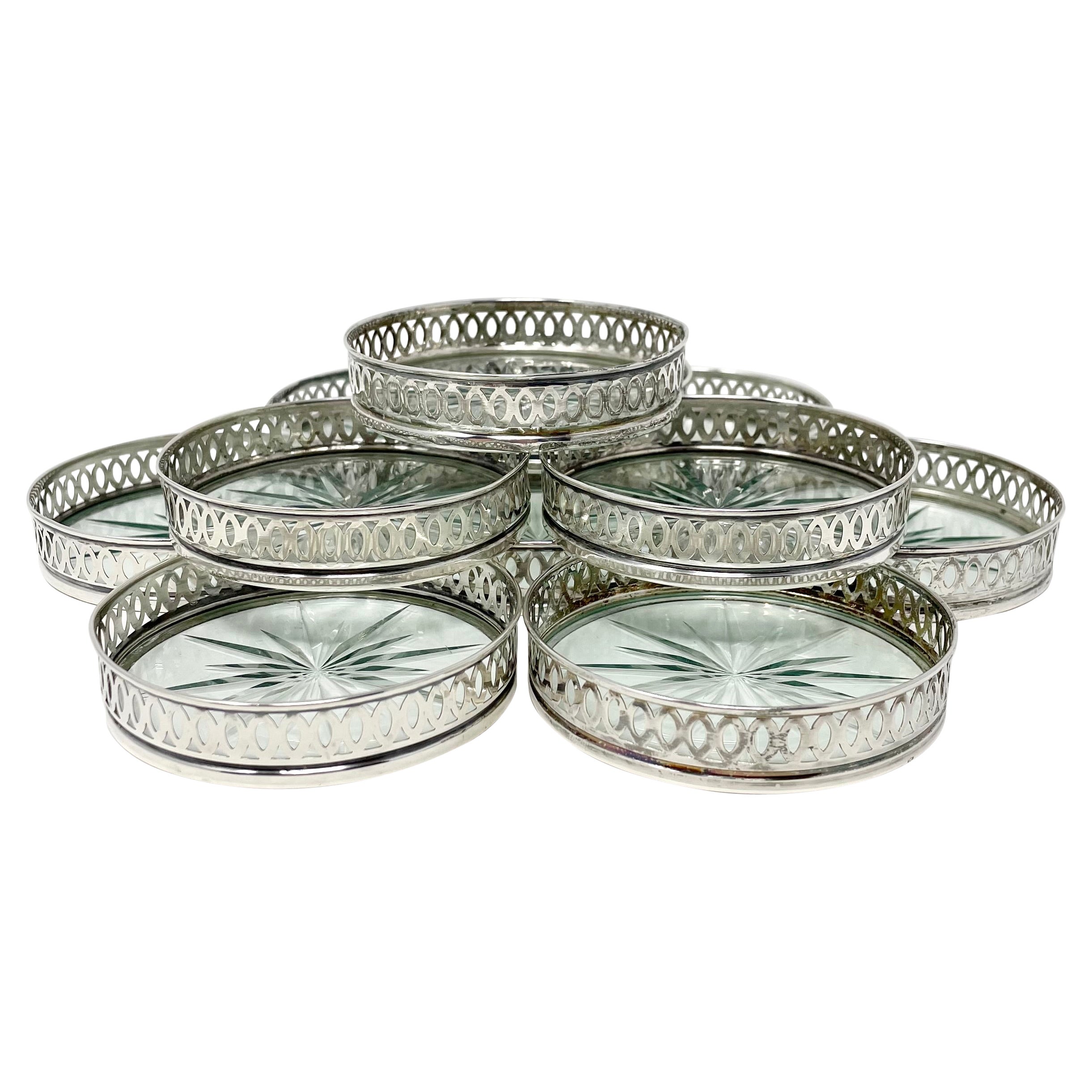 Set of 10 Antique Sterling Silver and Cut Crystal Drink Coasters, Circa 1920's.