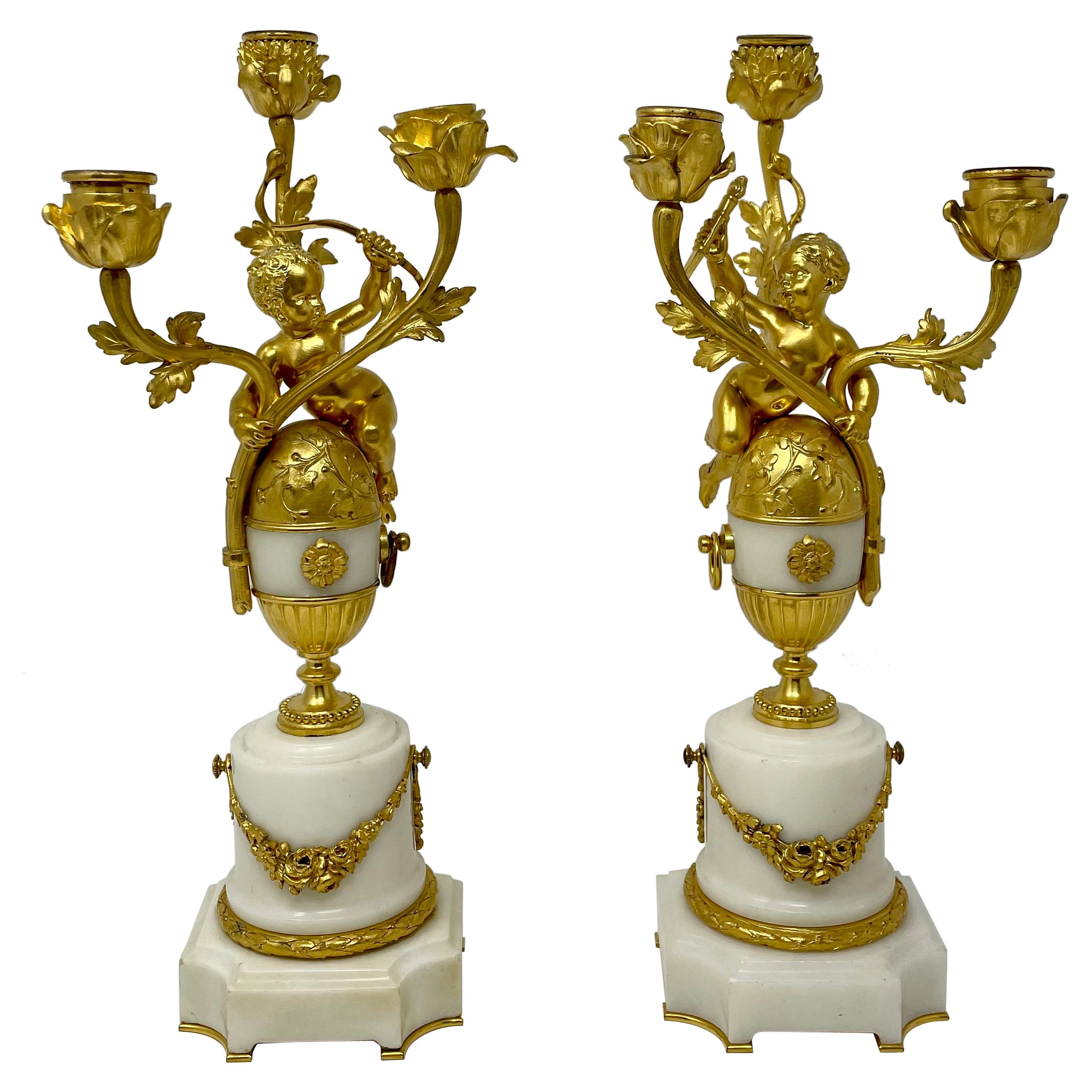 Pair Antique French "Susse Freres" Bronze D' Ore & Carrara Marble Candelabra. For Sale