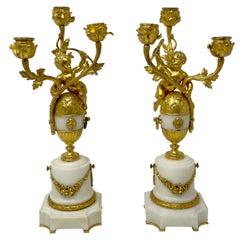 Pair Antique French "Susse Freres" Bronze D' Ore & Carrara Marble Candelabra.