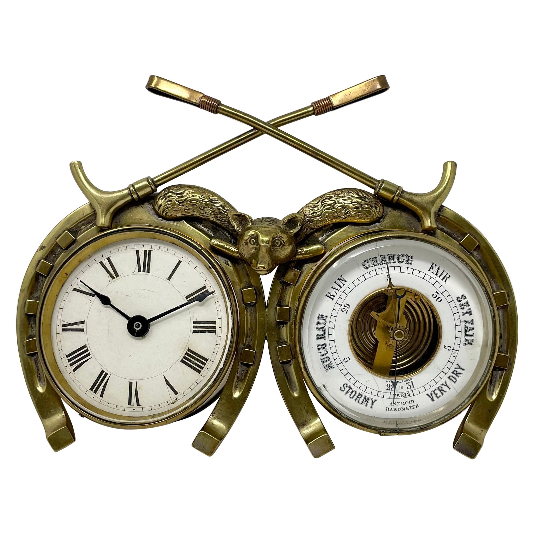 Antique English Brass Fox Hunt Clock & Barometer, Circa 1900. For Sale