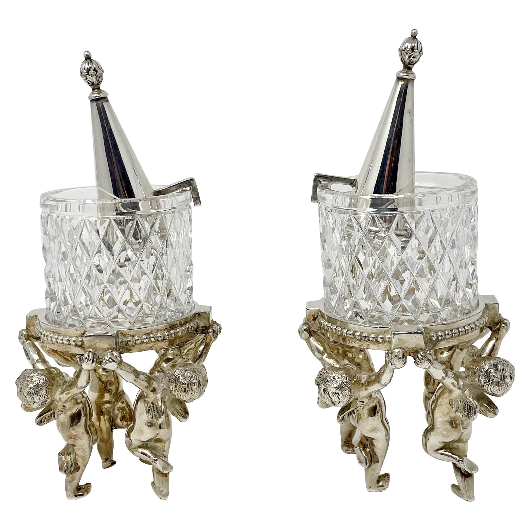 Pair American Pairpoint Silvered Bronze & Cut Crystal Candle Votives w/ Stoppers For Sale
