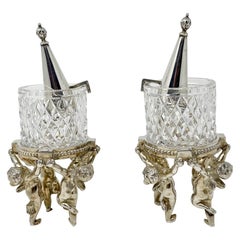 Vintage Pair American Pairpoint Silvered Bronze & Cut Crystal Candle Votives w/ Stoppers