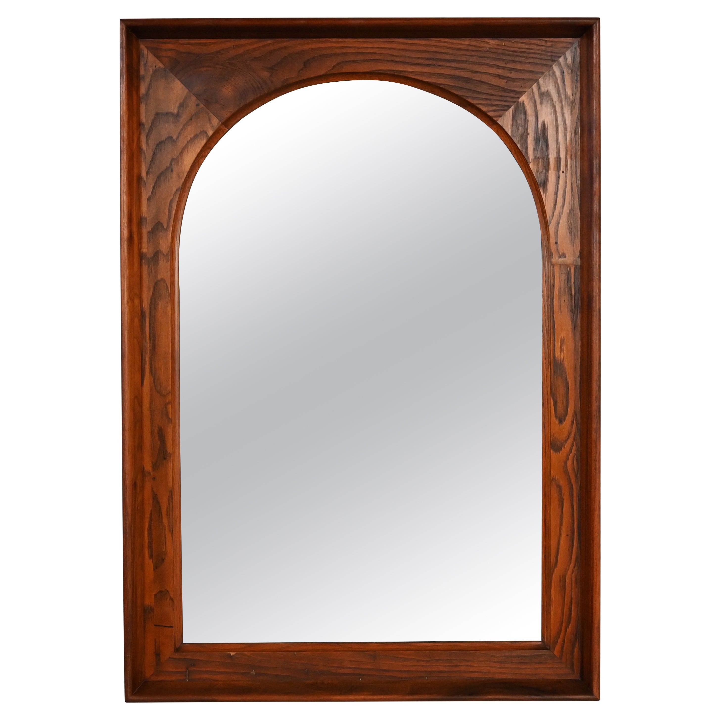 Mid Century Modern Framed Arch Mirror by Dillingham Pecky Cypress Walnut Trim For Sale