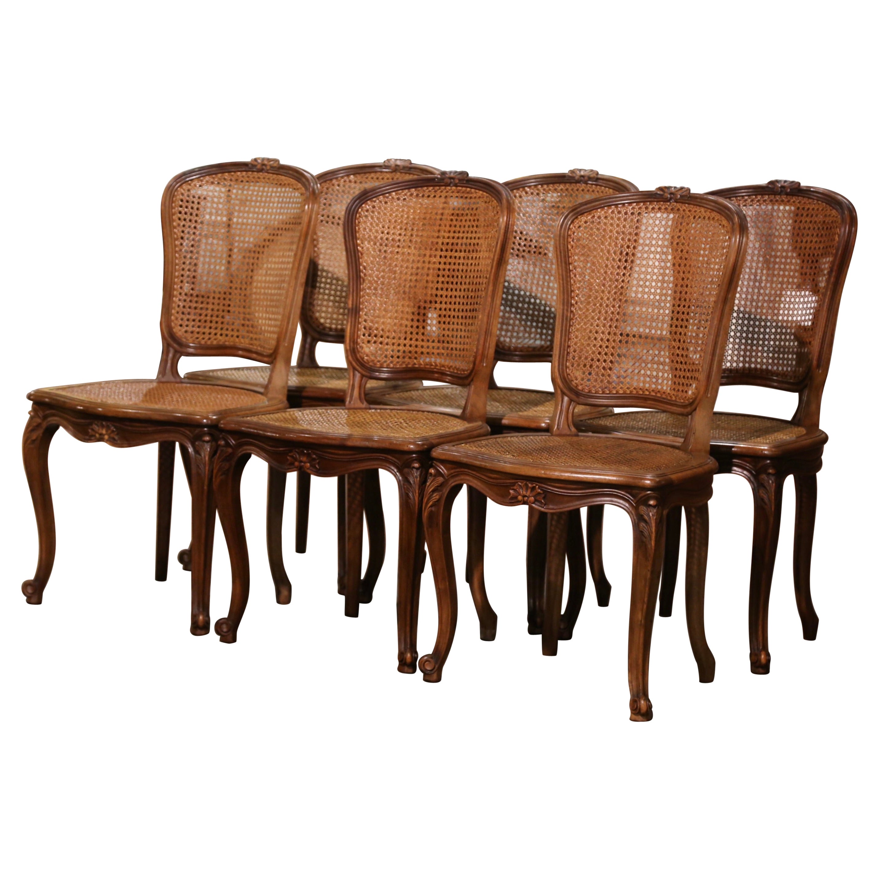 Early 20th Century French Louis XV Carved Walnut Cane Dining Chairs, Set of 6