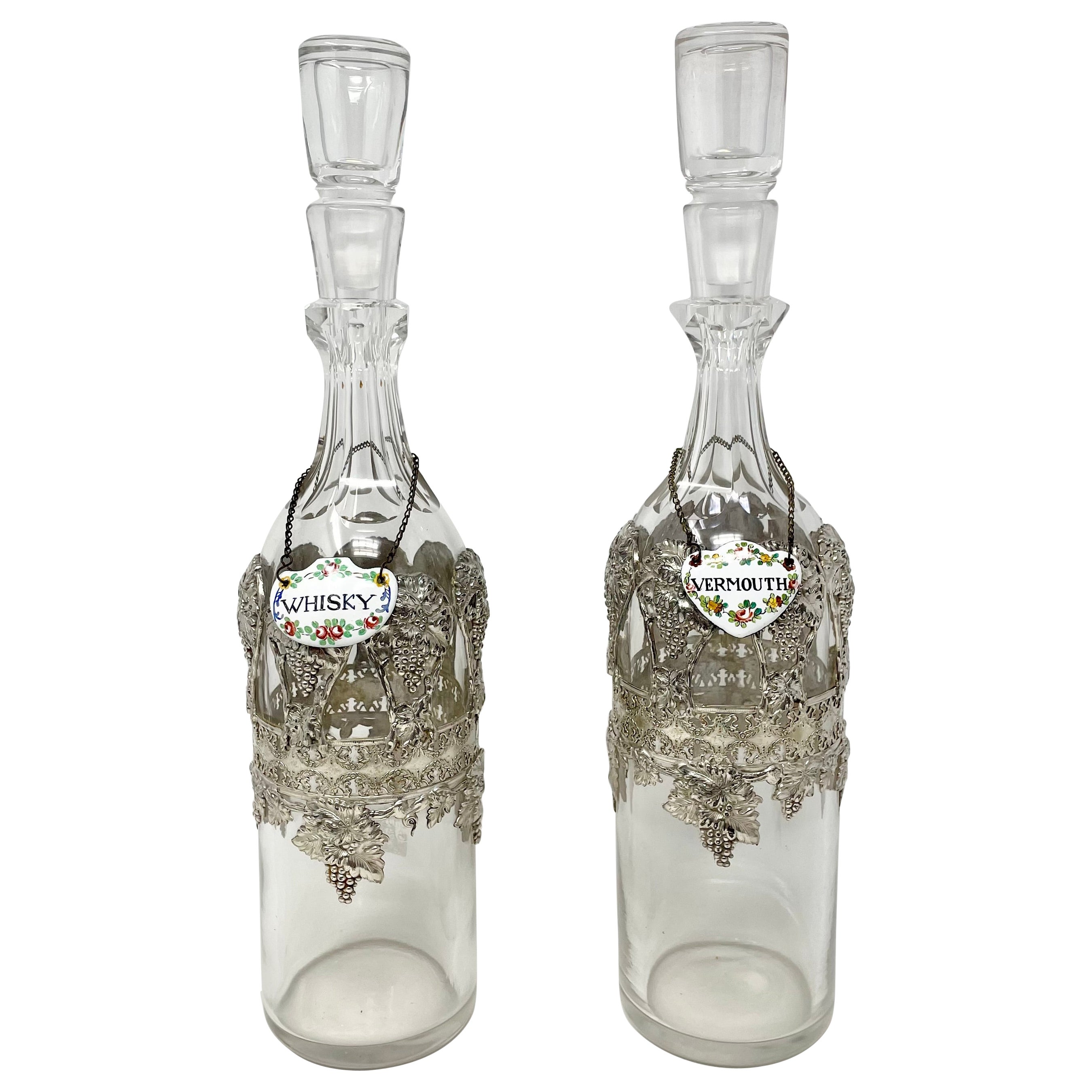 Pair Antique Cut Crystal & Silvered Bronze Decanters, Circa 1890. For Sale