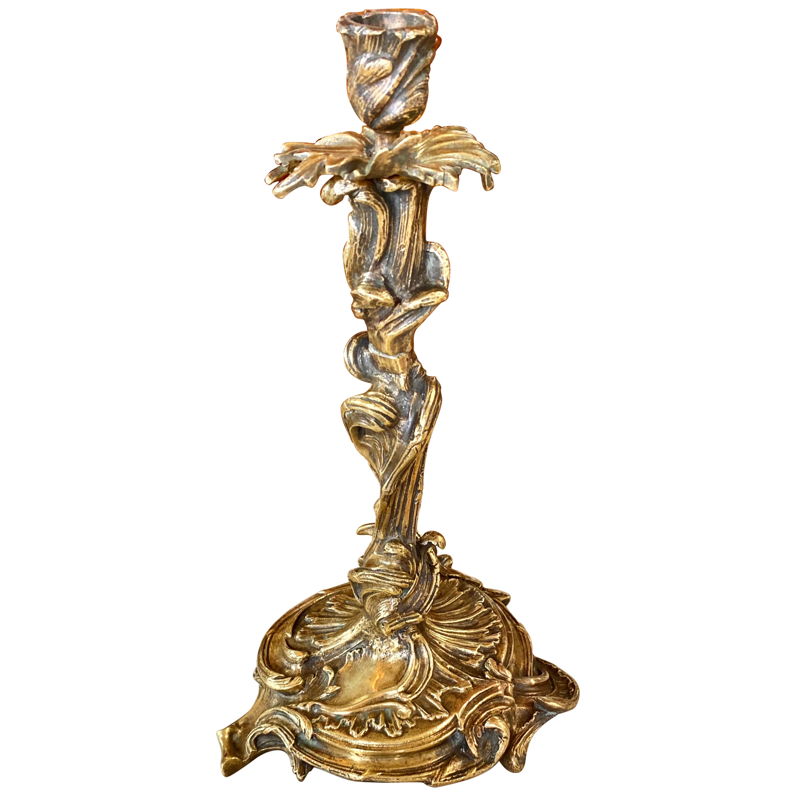 Antiker französischer Louie XV.-Kerzenständer aus vergoldeter Bronze 
