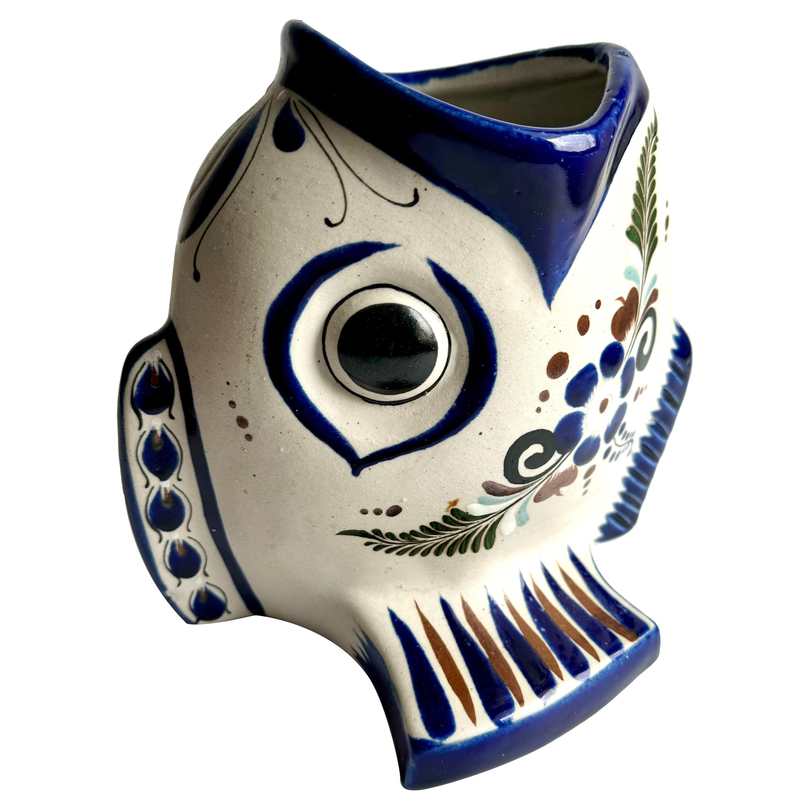 Hand-made Tonala Pottery Folk Art Fish Vase Made in Mexico  For Sale