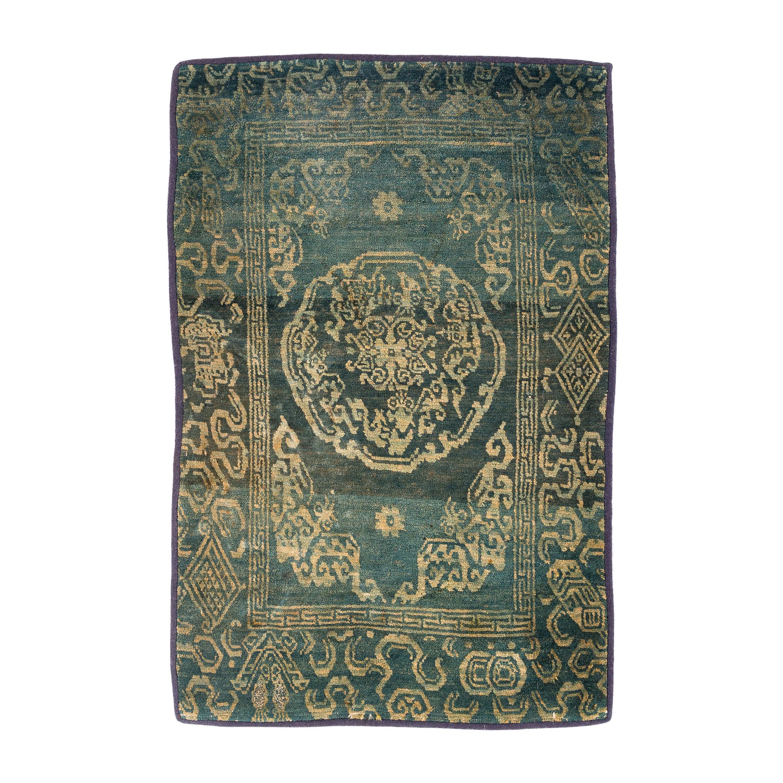 Rare Antique Green Gem Handmade Tibetan Rug with Good Luck Symbols