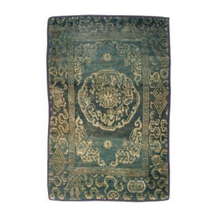 Rare Antique Green Gem Handmade Tibetan Rug with Good Luck Symbols