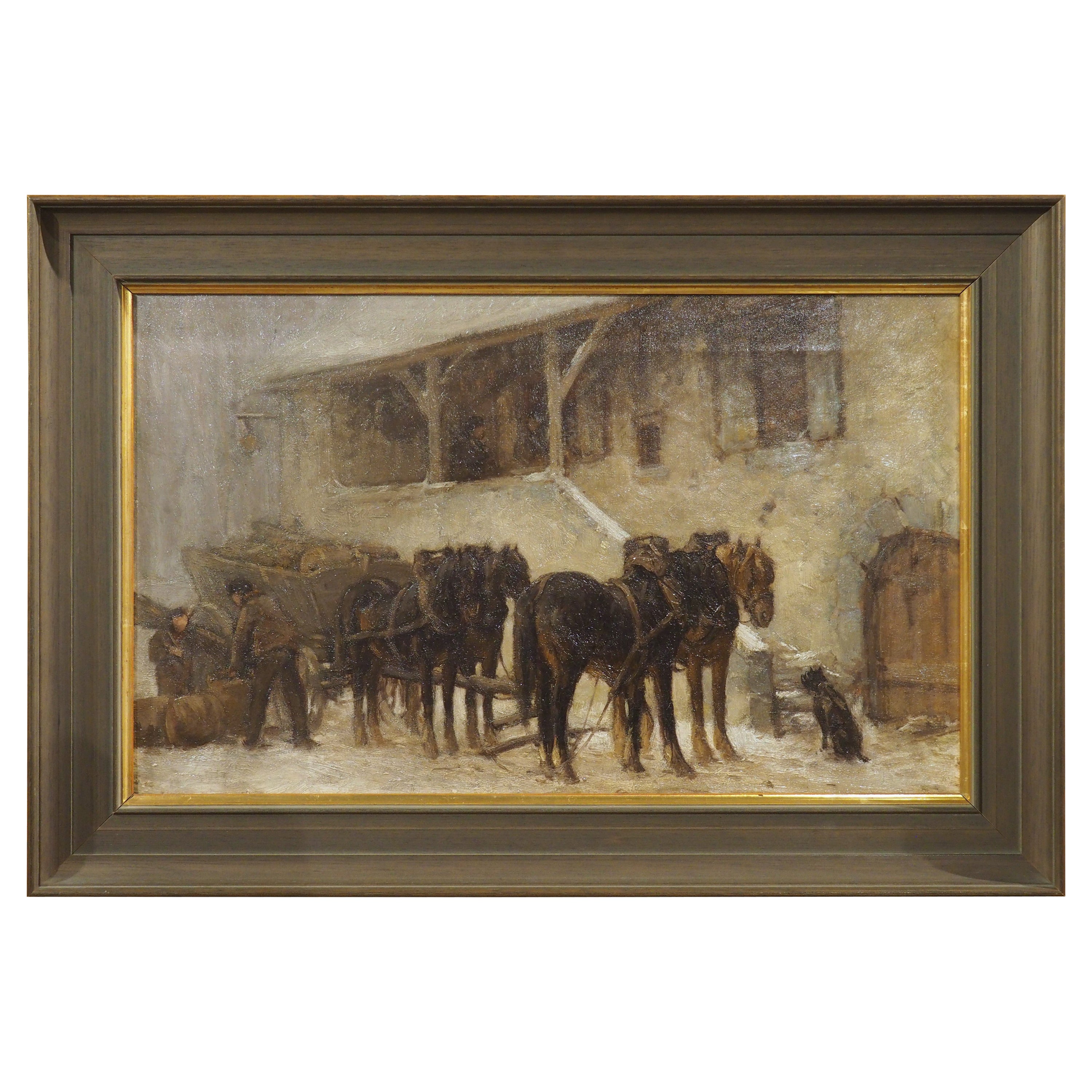 Antique Oil on Canvas, Loading the Wagon at the Stables in Winter, Circa 1890 For Sale