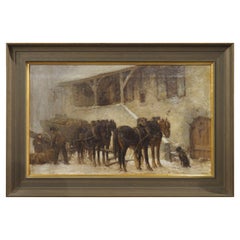 Antique Oil on Canvas, Loading the Wagon at the Stables in Winter, Circa 1890