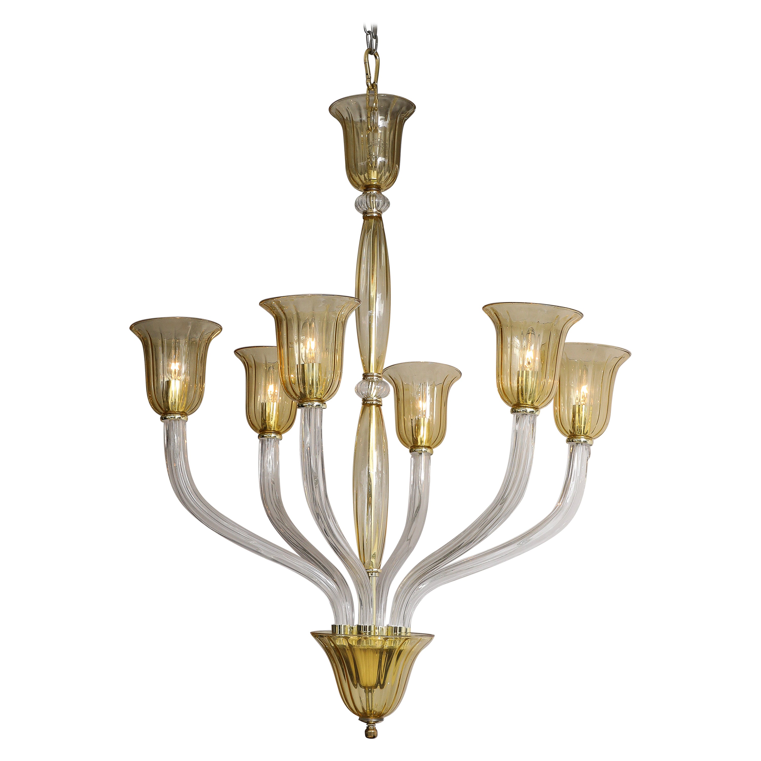 Murano Art Glass Clear, Amber Chandelier For Sale