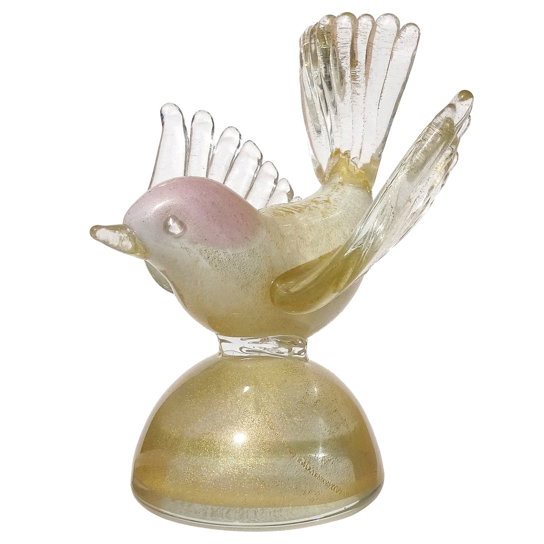 Presse-papier en verre d'art italien Barbini Murano, or blanc, mouchetures, rose, figure d'oiseau