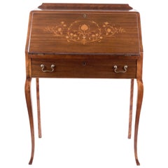 French Provincial Style Secretary Desk with Marquetry Inlays and Key  