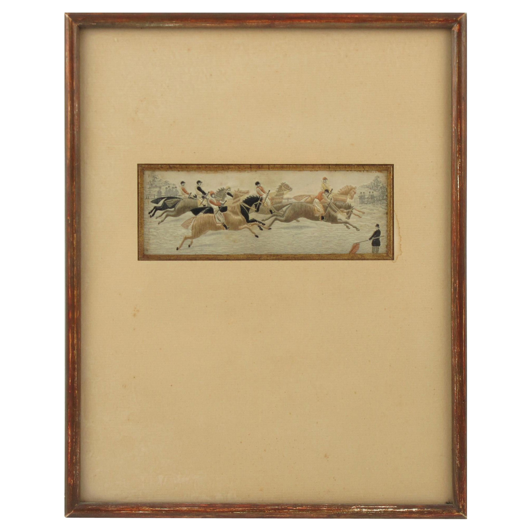 Napoleon III Silk Embroidery Art Work Horse Race, France 19th Century, Framed For Sale
