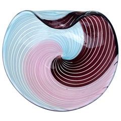Murano Pink Sky Blue Dark Purple Ribbons Swirl Pattern Italian Art Glass Bowl