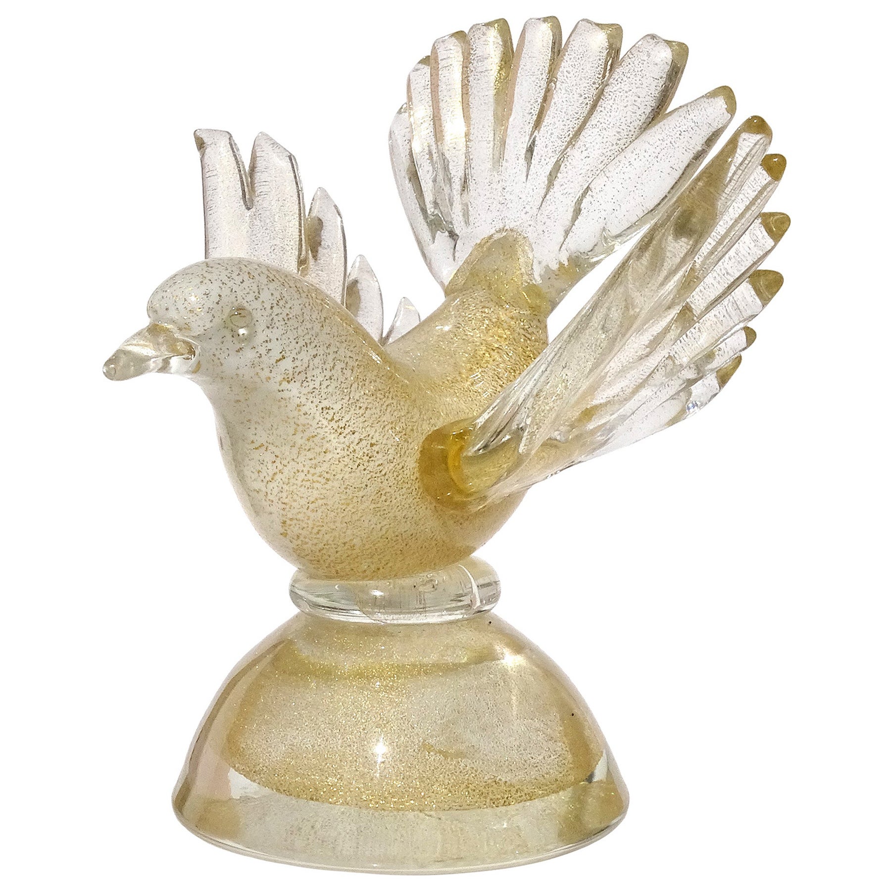 Barbini Murano Verre d'Art Italien Figurine Oiseau Presse-papier moucheté d'or blanc