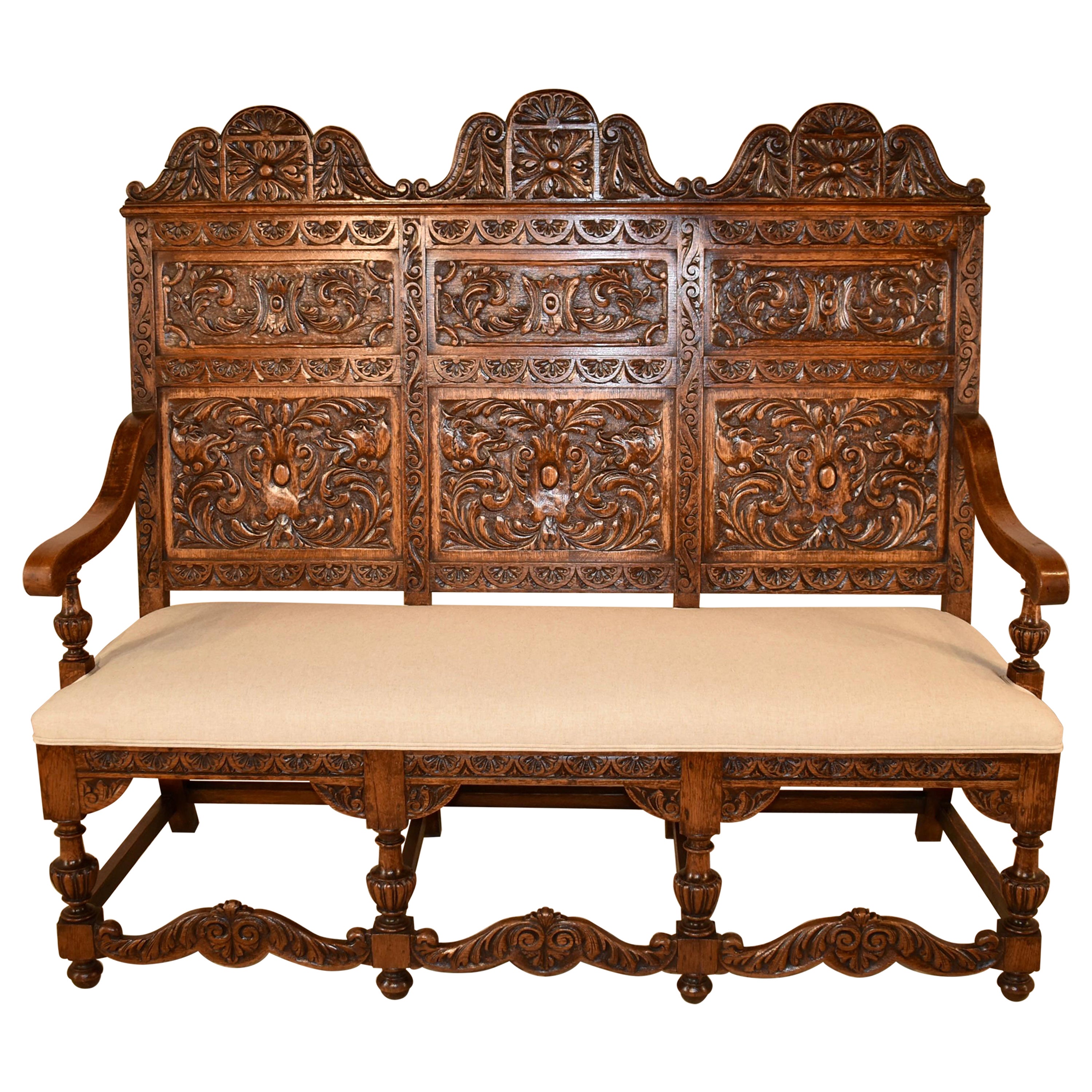 19th Century French Carved Oak Bench For Sale