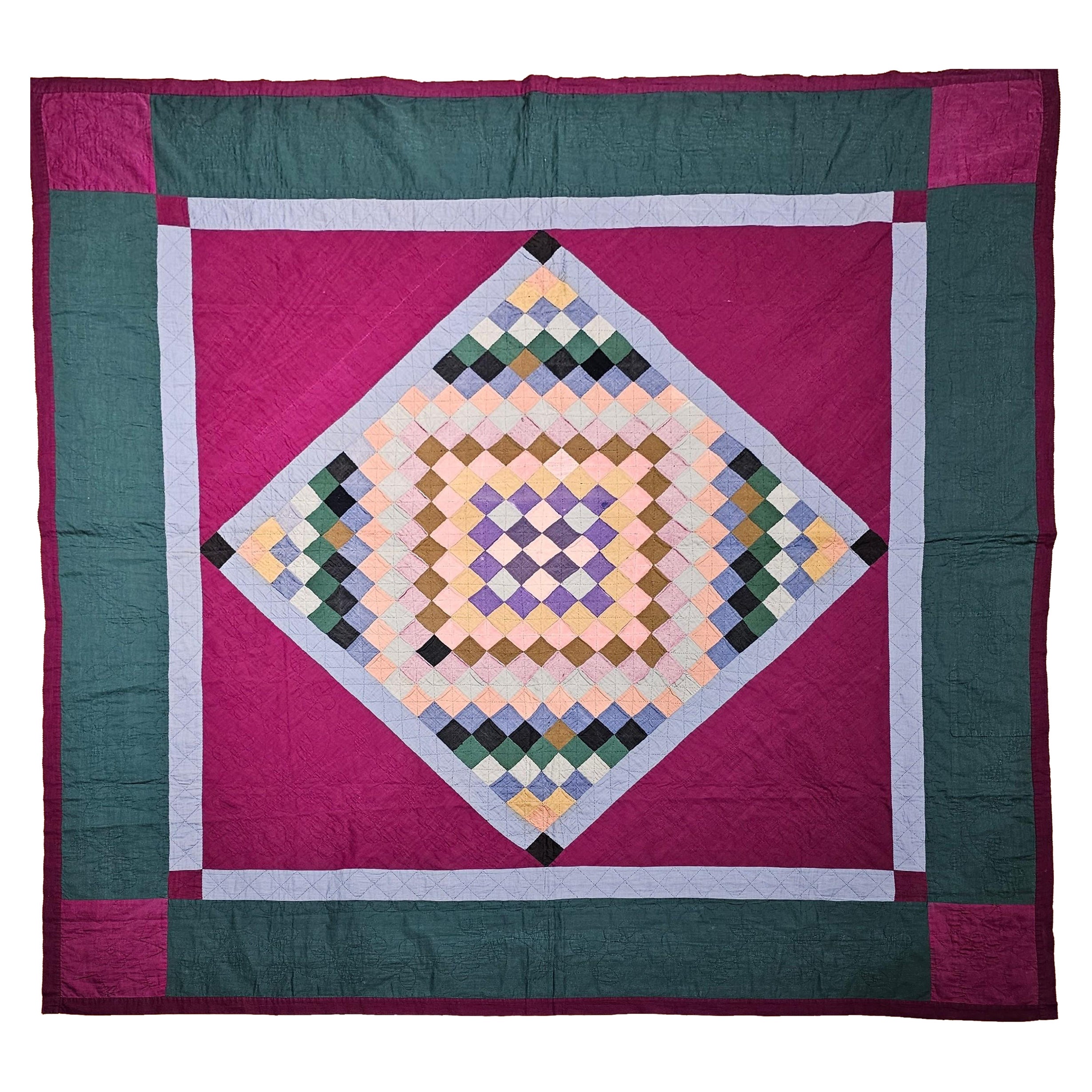 19th Century Lancaster County Amish Quilt in Forest Green, Burgundy, Blue For Sale