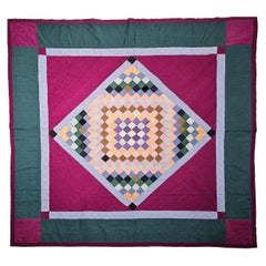 Vintage 19th Century Lancaster County Amish Quilt in Forest Green, Burgundy, Blue