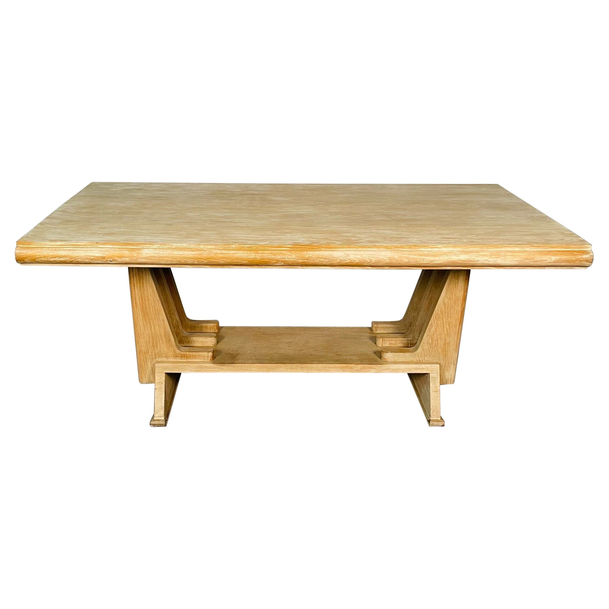 French Farmhouse, Mid-Century Modern Style, Trestle Dining Table, Ceruse Oak For Sale