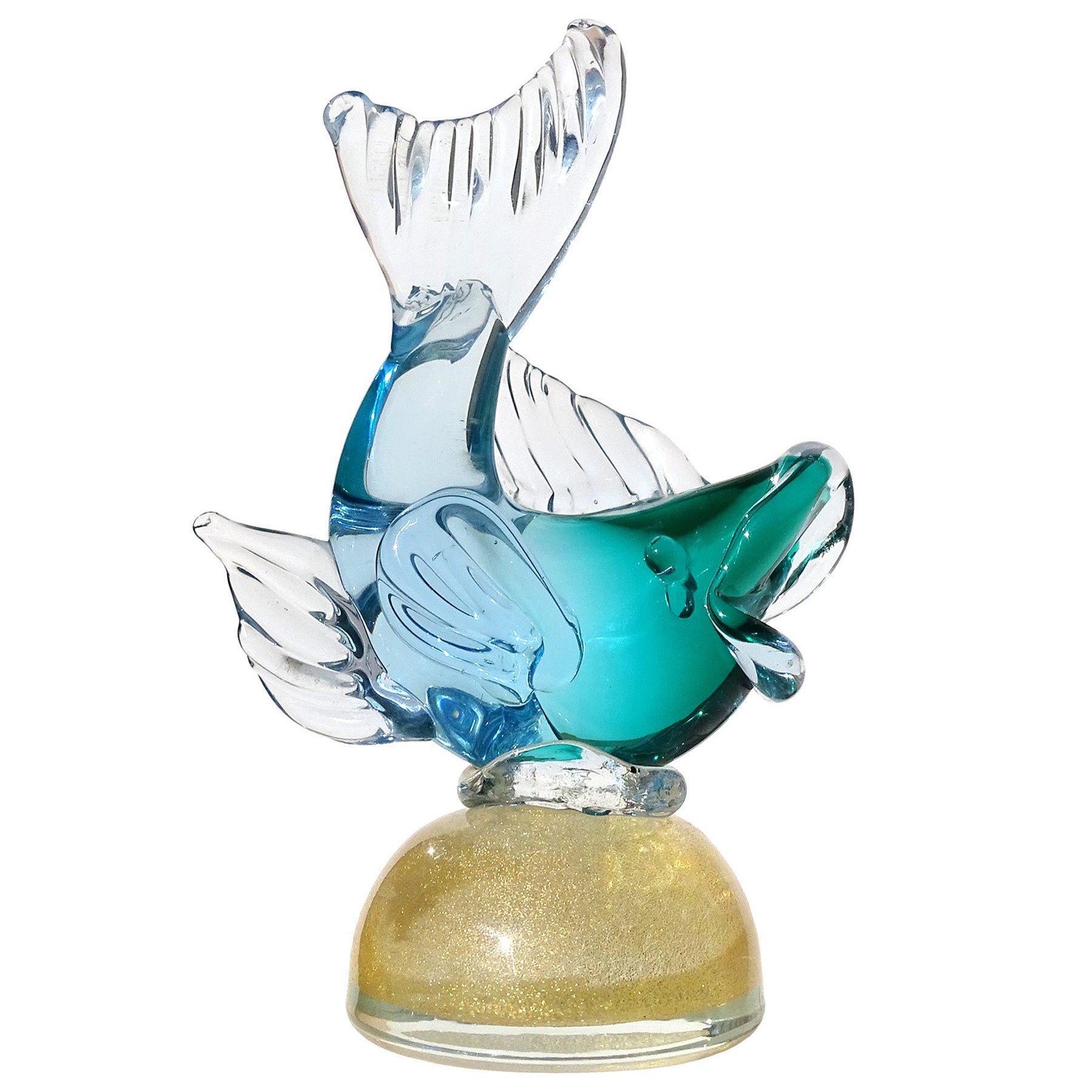 Barbini Murano Sommerso Azul Verde Motas de Oro Escultura de pez de vidrio artístico italiano