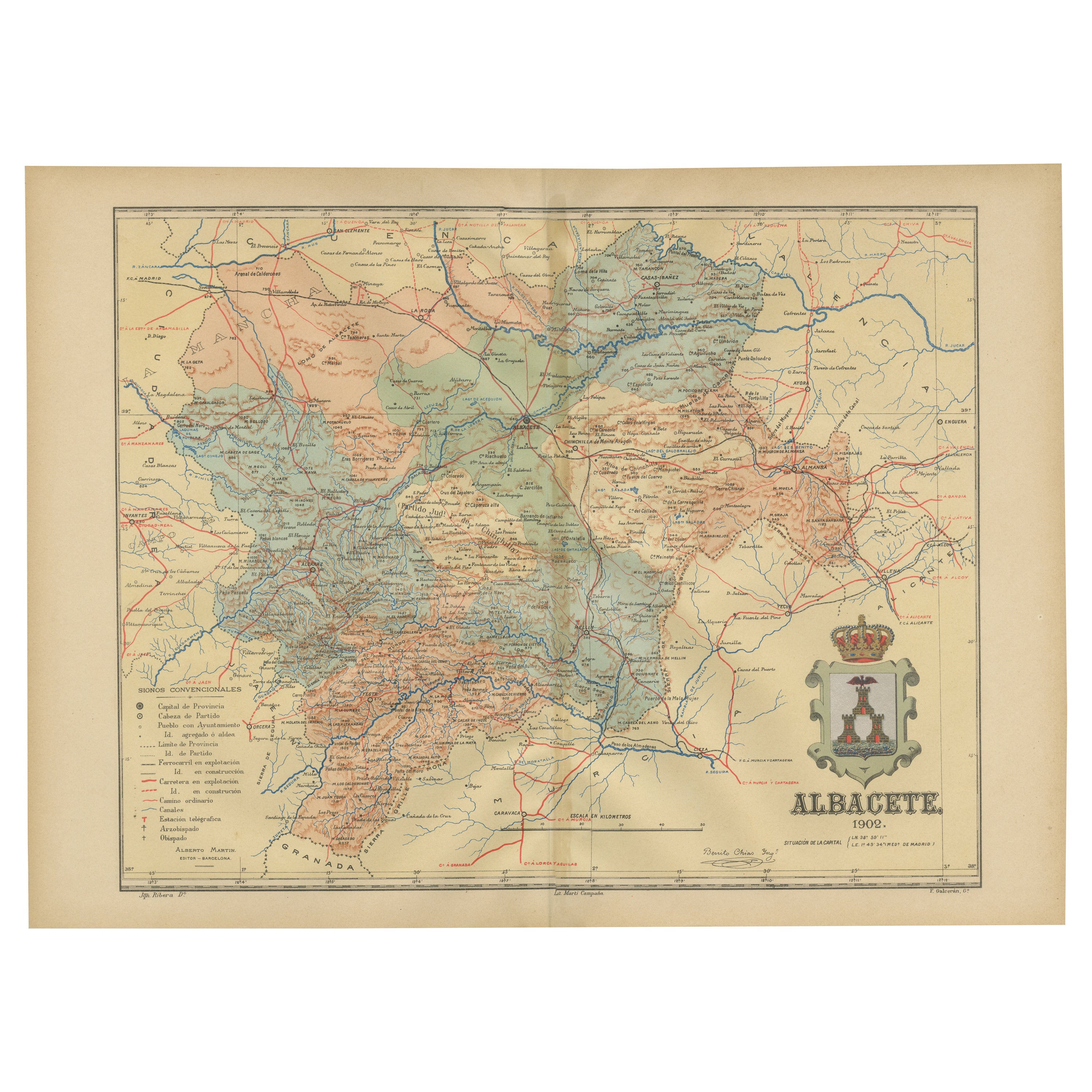 Albacete, Spain - 1902: A Cartographic Depiction of Landscape and Infrastructure For Sale
