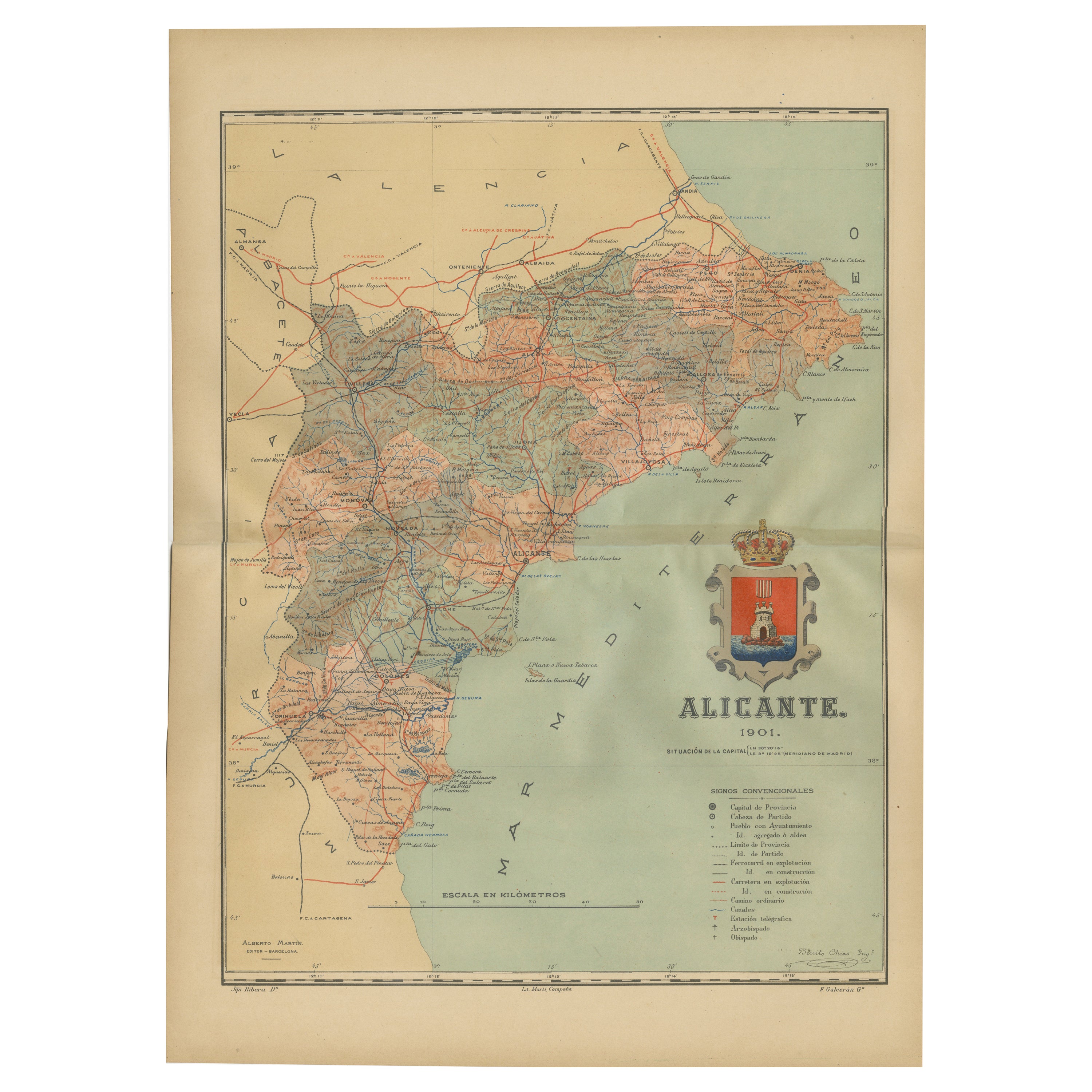 Alicante in a 1901 Antique Map: Maritime Gateway of Spain's Costa Blanca For Sale