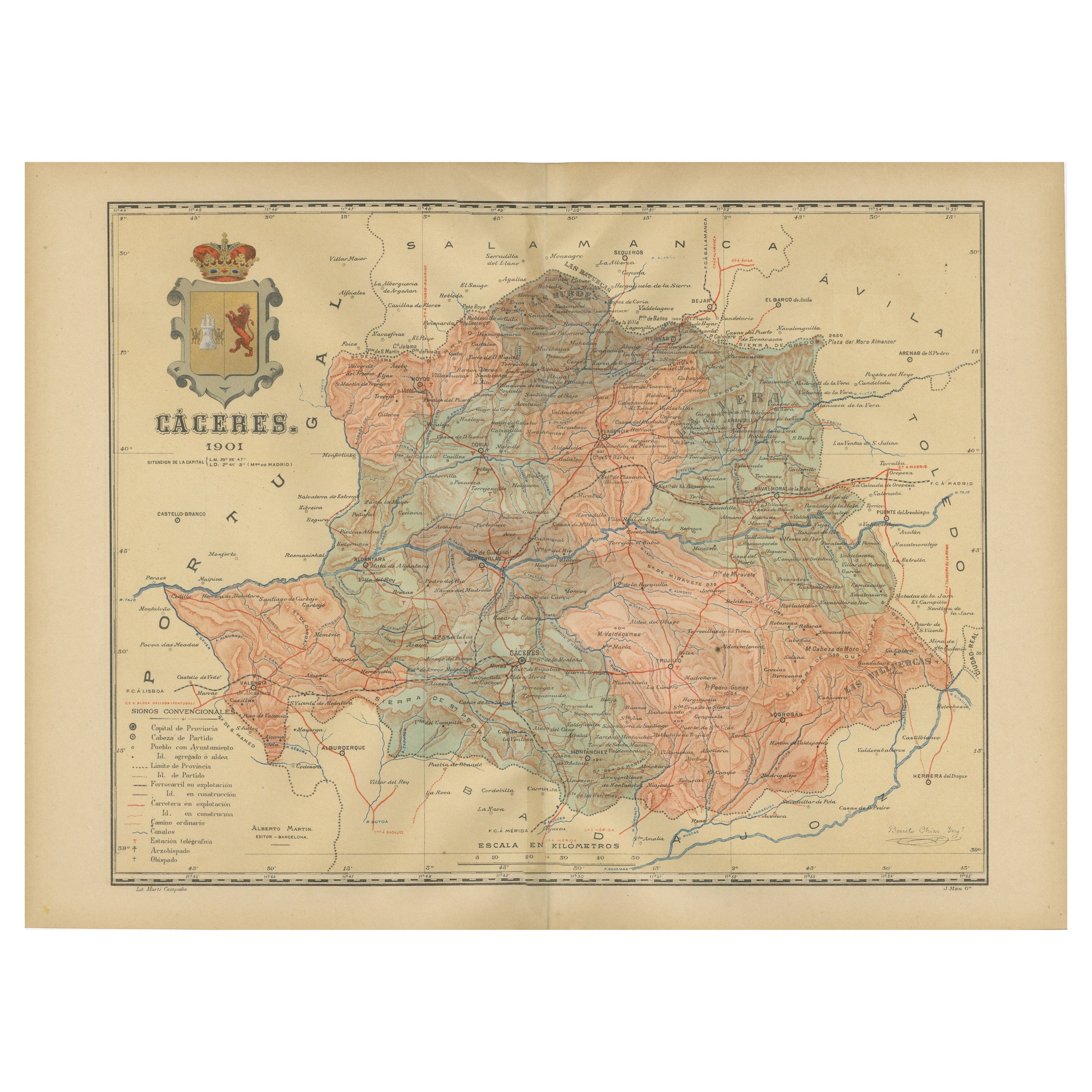 Cáceres 1901 : La cartographie du carrefour de l'Estrémadure, Espagne occidentale en vente